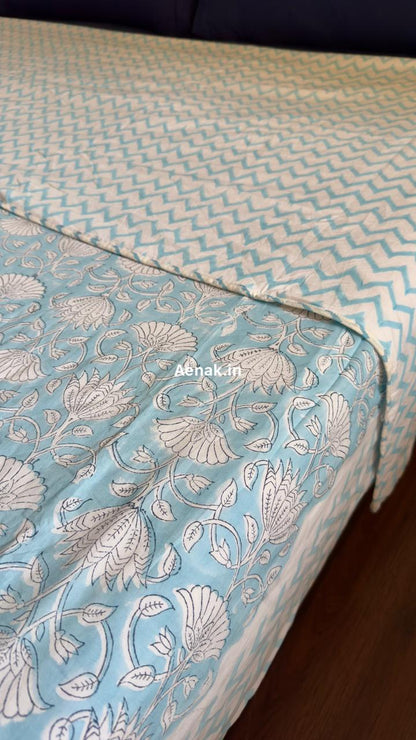 Sky Blue Floral Garden Handblock Mulmul Cotton Reversible Dohar