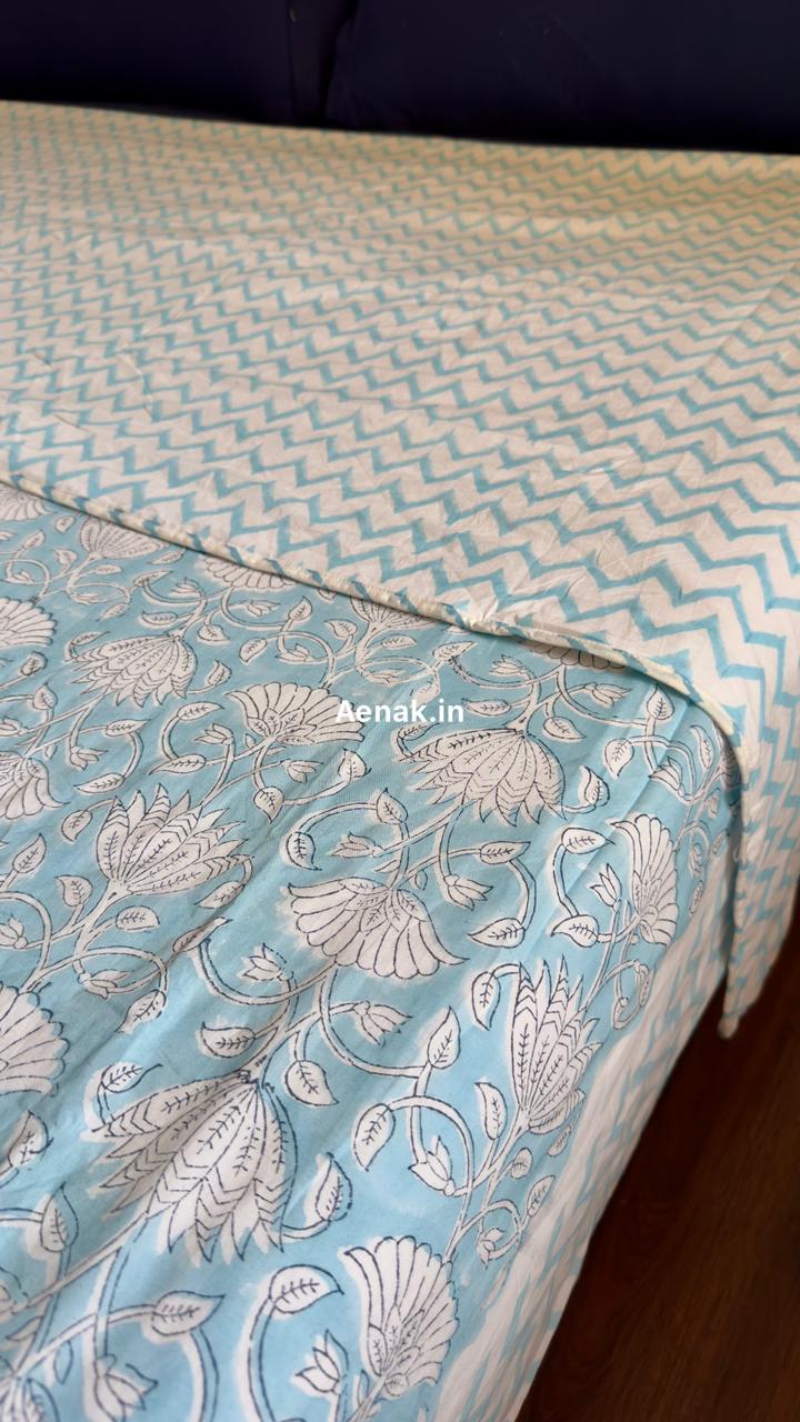 Sky Blue Floral Garden Handblock Mulmul Cotton Reversible Dohar