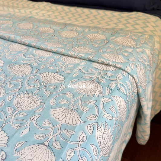 Sky Blue Floral Garden Handblock Mulmul Cotton Reversible Dohar