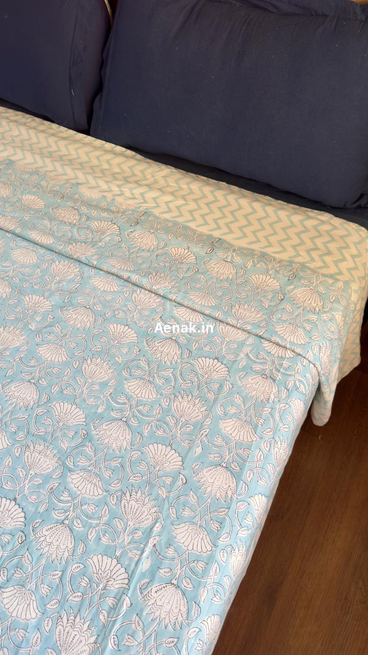 Sky Blue Floral Garden Handblock Mulmul Cotton Reversible Dohar