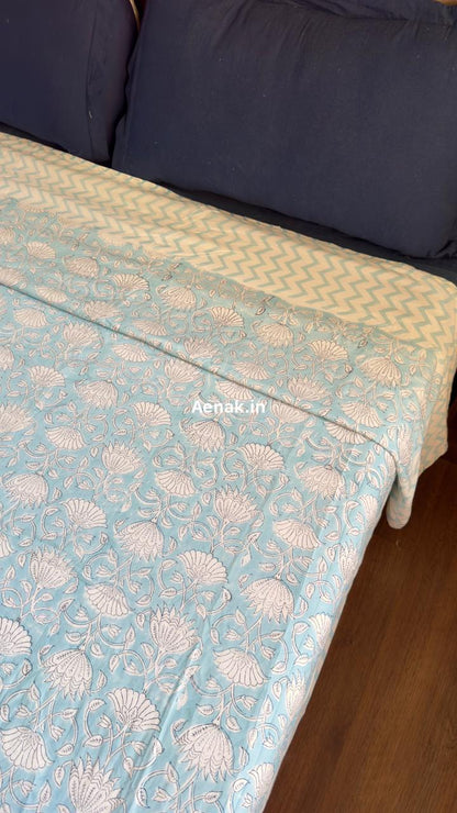 Sky Blue Floral Garden Handblock Mulmul Cotton Reversible Dohar