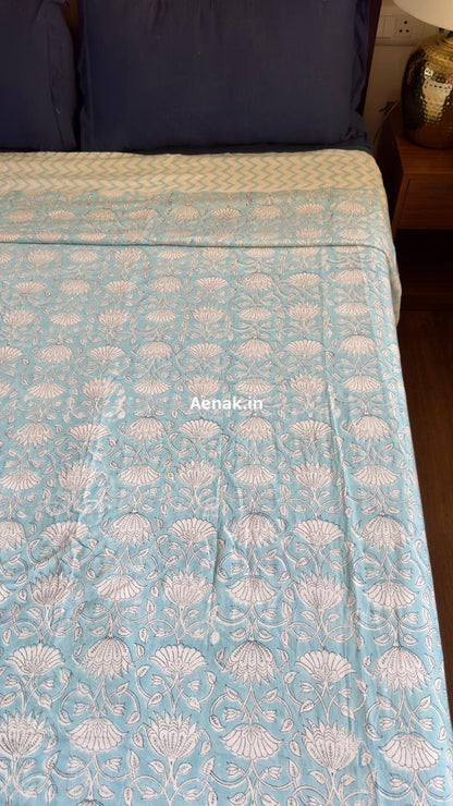 Sky Blue Floral Garden Handblock Mulmul Cotton Reversible Dohar