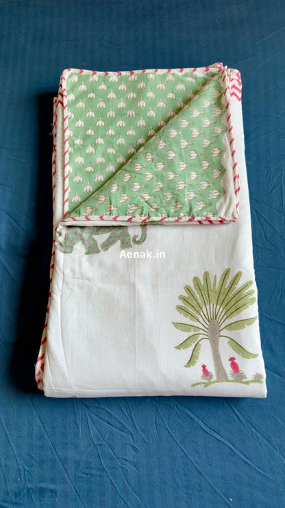 Green Elephant Handblock Bedsheet + Dohar Combo Set
