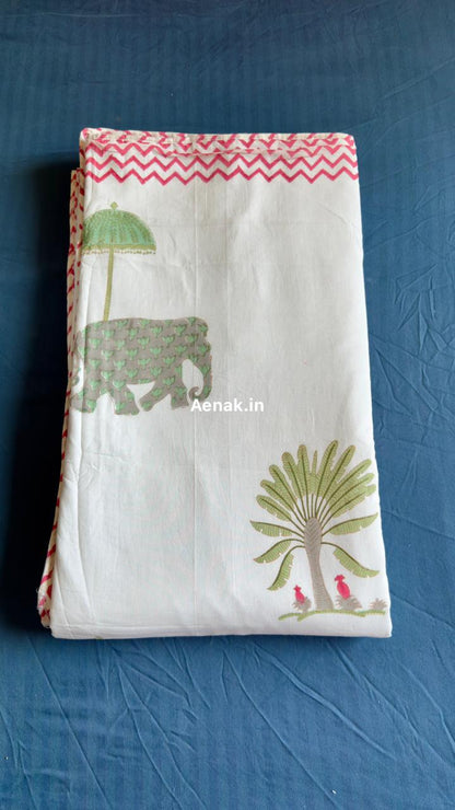 Green Elephant Handblock Bedsheet + Dohar Combo Set