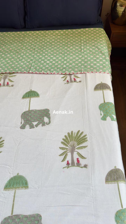 Green Elephant Handblock Bedsheet + Dohar Combo Set