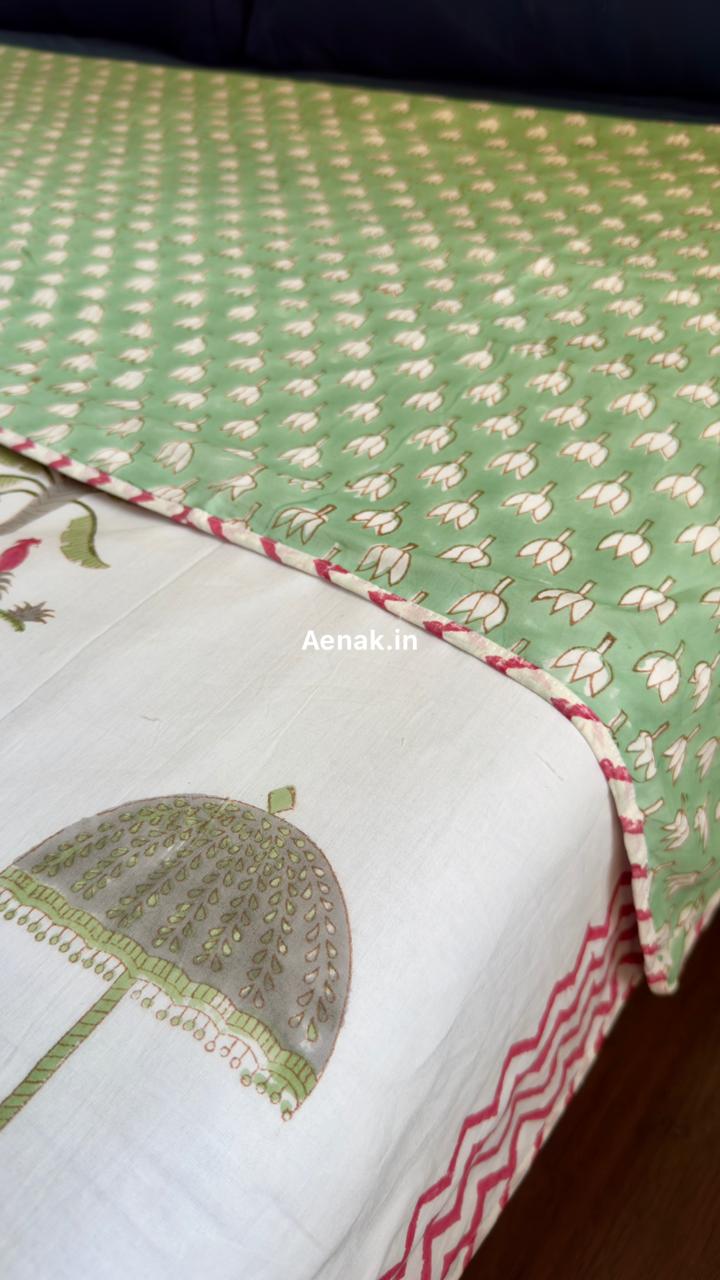 Green Elephant Handblock Bedsheet + Dohar Combo Set
