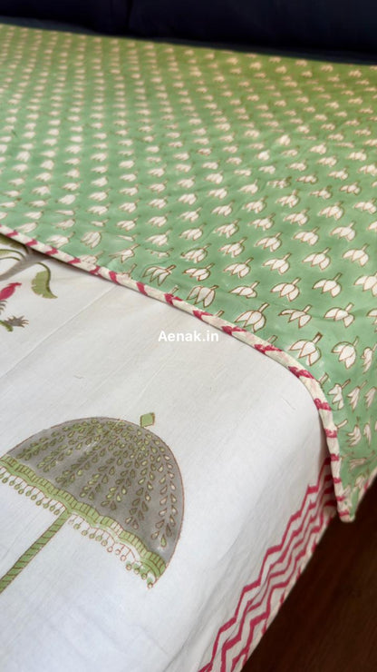 Green Elephant Handblock Bedsheet + Dohar Combo Set