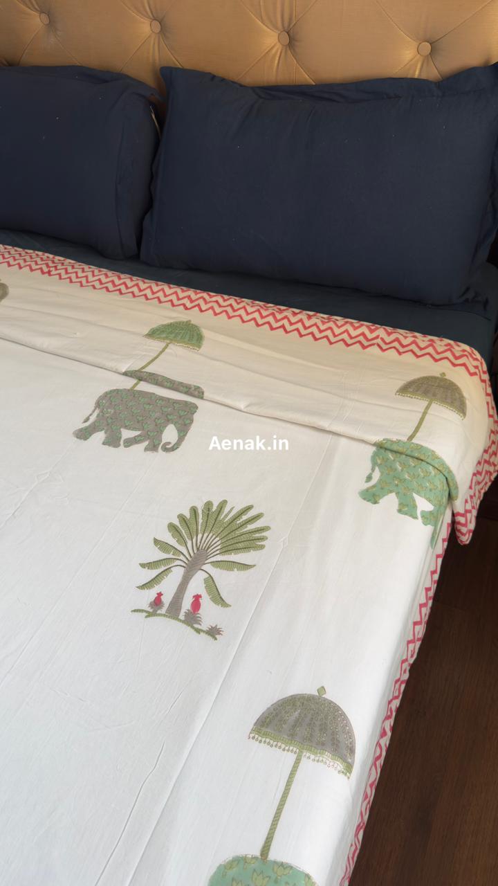 Green Elephant Handblock Bedsheet + Dohar Combo Set