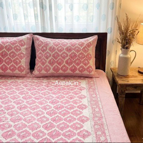 Pink Parrot Handblock Printed Premium Cotton Bedsheet Set