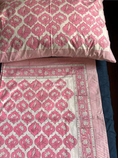 Pink Parrot Handblock Printed Premium Cotton Bedsheet Set