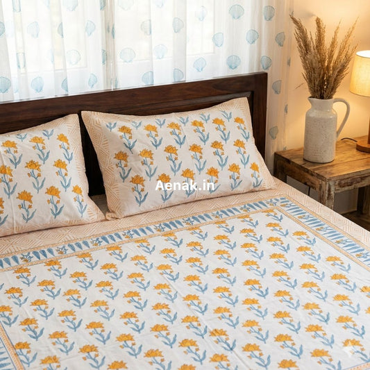 Yellow Blue Lotus Handblock Printed Premium Cotton Bedsheet Set
