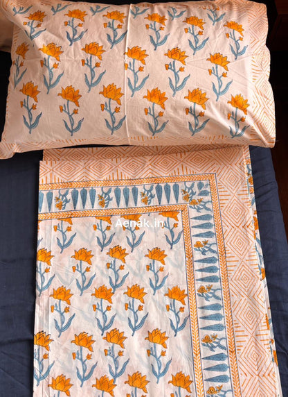 Yellow Blue Lotus Handblock Printed Premium Cotton Bedsheet Set