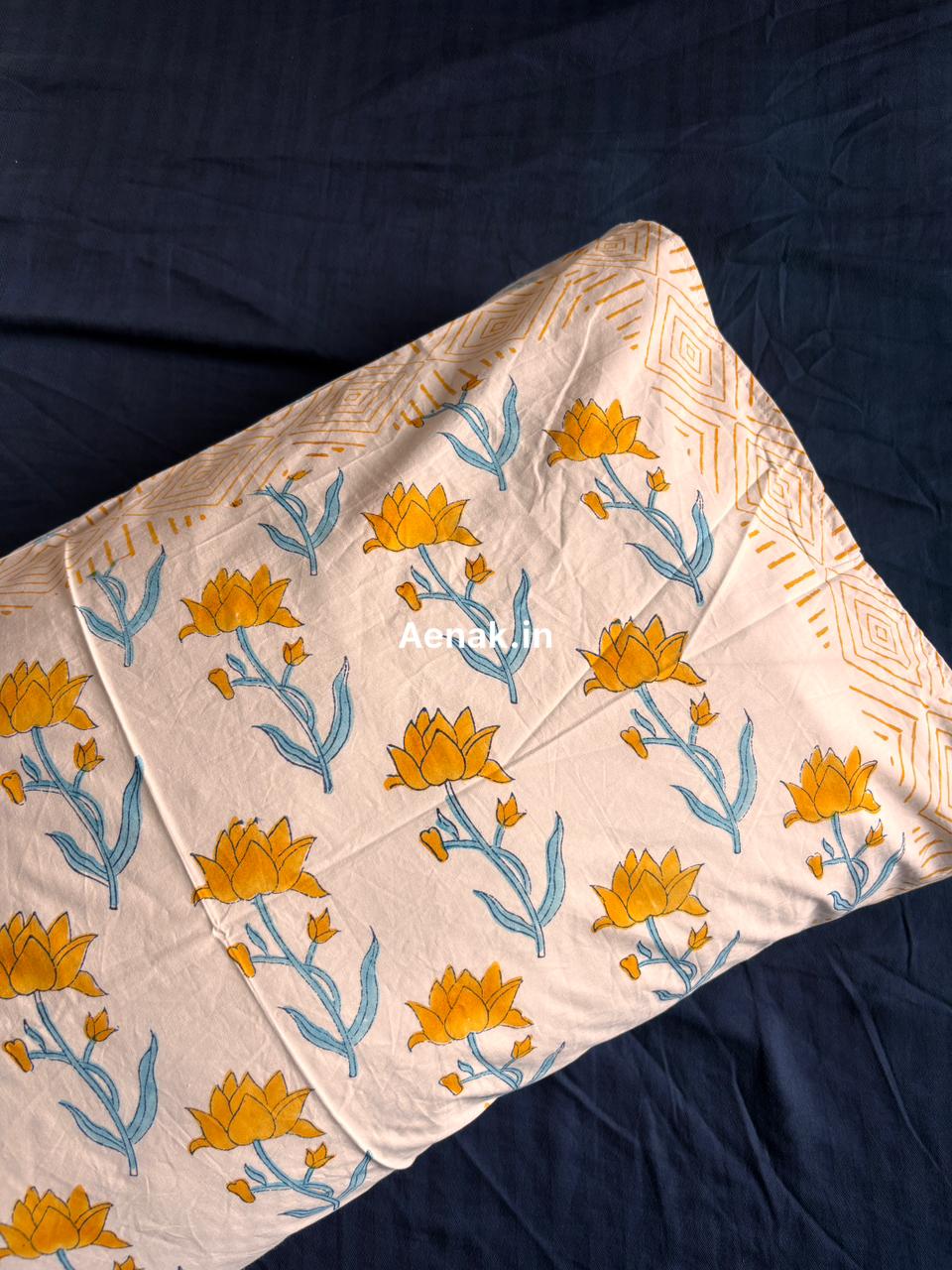 Yellow Blue Lotus Handblock Printed Premium Cotton Bedsheet Set