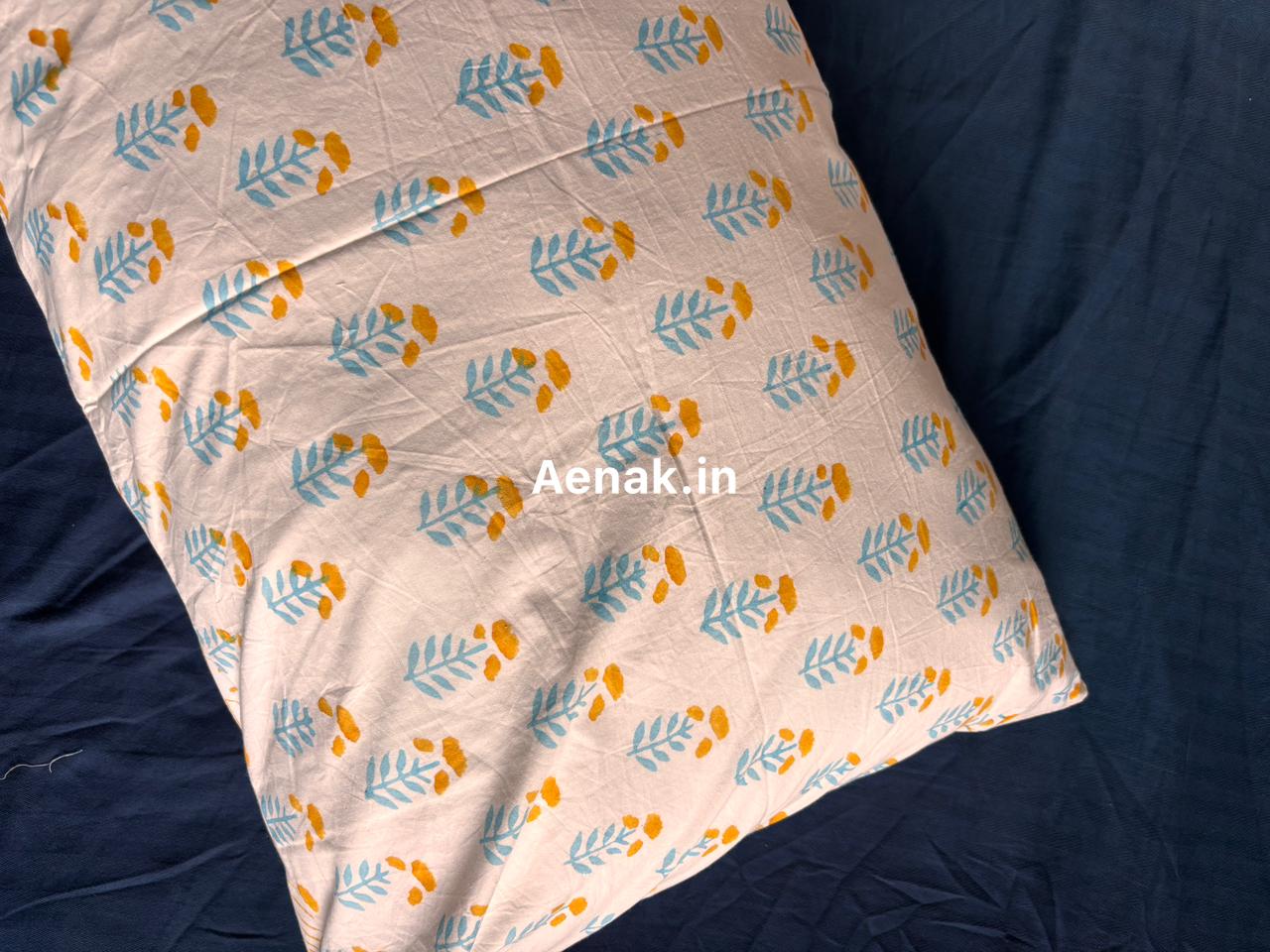 Yellow Blue Lotus Handblock Printed Premium Cotton Fitted Bedsheet Set