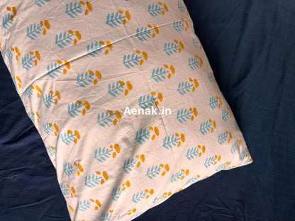 Yellow Blue Lotus Handblock Printed Premium Cotton Fitted Bedsheet Set