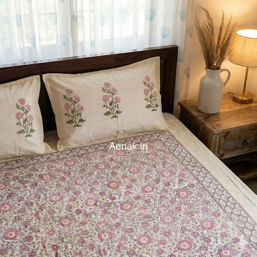 Pink Floral Garden Handblock Printed Premium Cotton Bedsheet Set