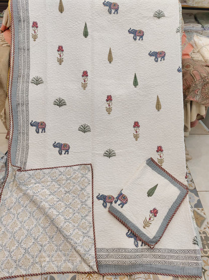 Blue Elephant Handblock Reversible Quilted Cotton Bedcover Set- 105x108