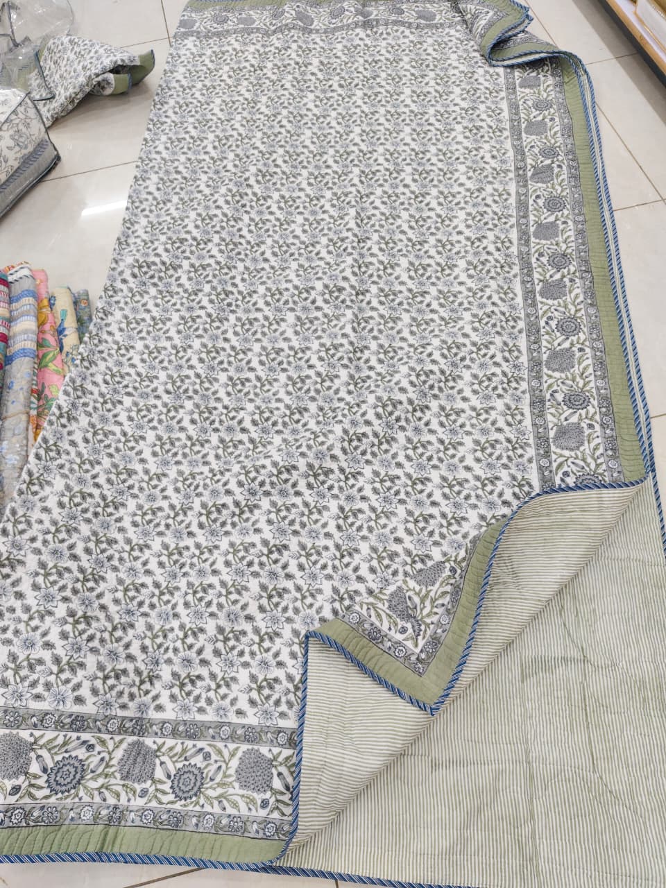 Grey Floral Garden Handblock Reversible Quilted Cotton Bedcover- 105x108