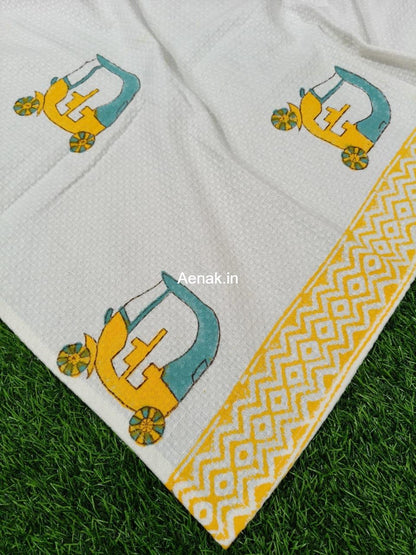 Yellow Blue Auto Handblock Waffle Cotton Bathing Towel