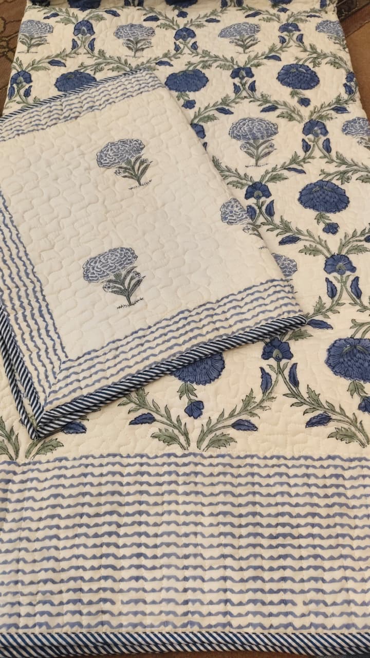 Blue Floral Jaal Handblock Printed Reversible Quilted Bedcover