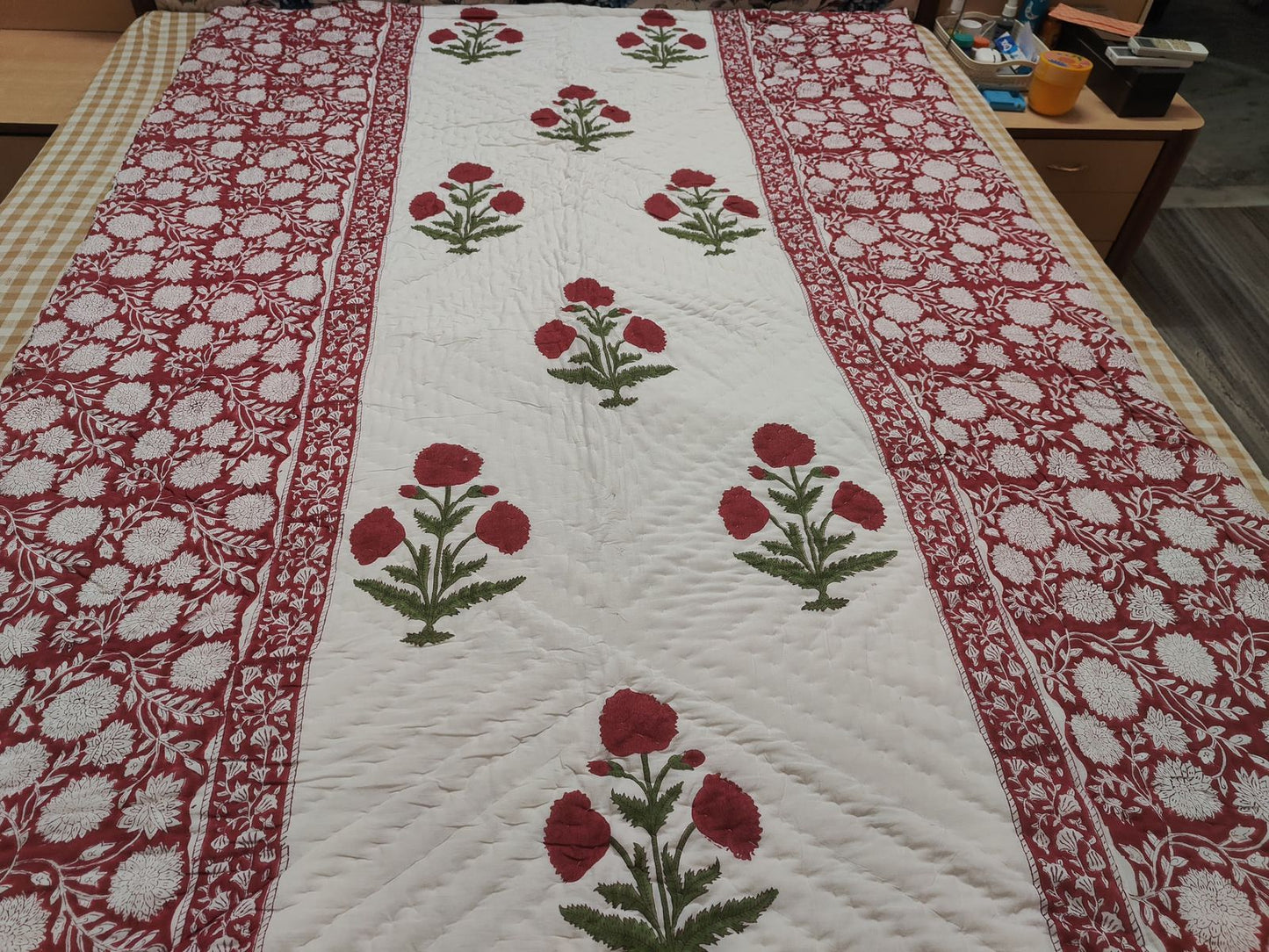 Red Dahlia Gadd Handblock Reversible Mulmul Cotton Quilt