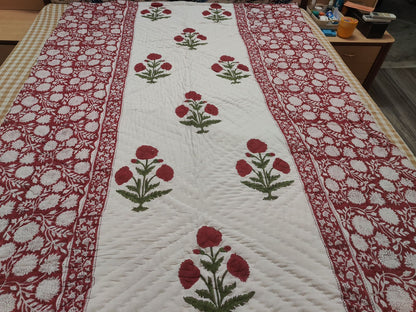 Red Dahlia Gadd Handblock Reversible Mulmul Cotton Quilt