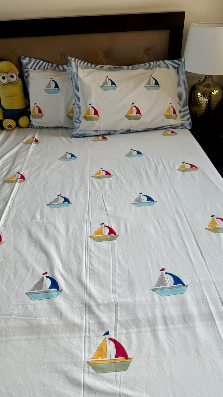 The Little Skipper Handblock Premium Cotton Bedsheet Set