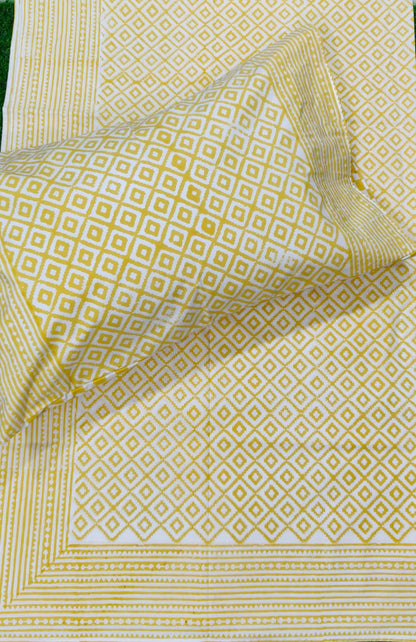 Yellow Jaal Handblock Premium Cotton Bedsheet Set