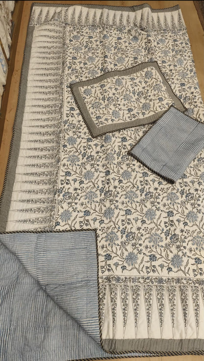 Blue Floral Jaal Handblock Printed Reversible Quilted Cotton Bedcover Set- 105x108