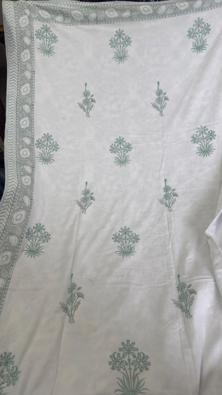 Sea Green Blossom Handblock Mulmul Cotton Reversible Dohar