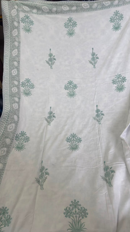 Sea Green Blossom Handblock Mulmul Cotton Reversible Dohar
