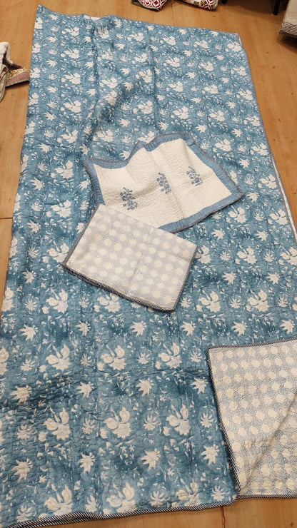 Blue Floral Garden Handblock Printed Reversible Quilted Cotton Bedcover Set- 105x108