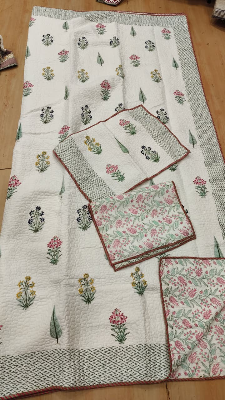 Madhumati Handblock Printed Reversible Quilted Cotton Bedcover Set- 105x108