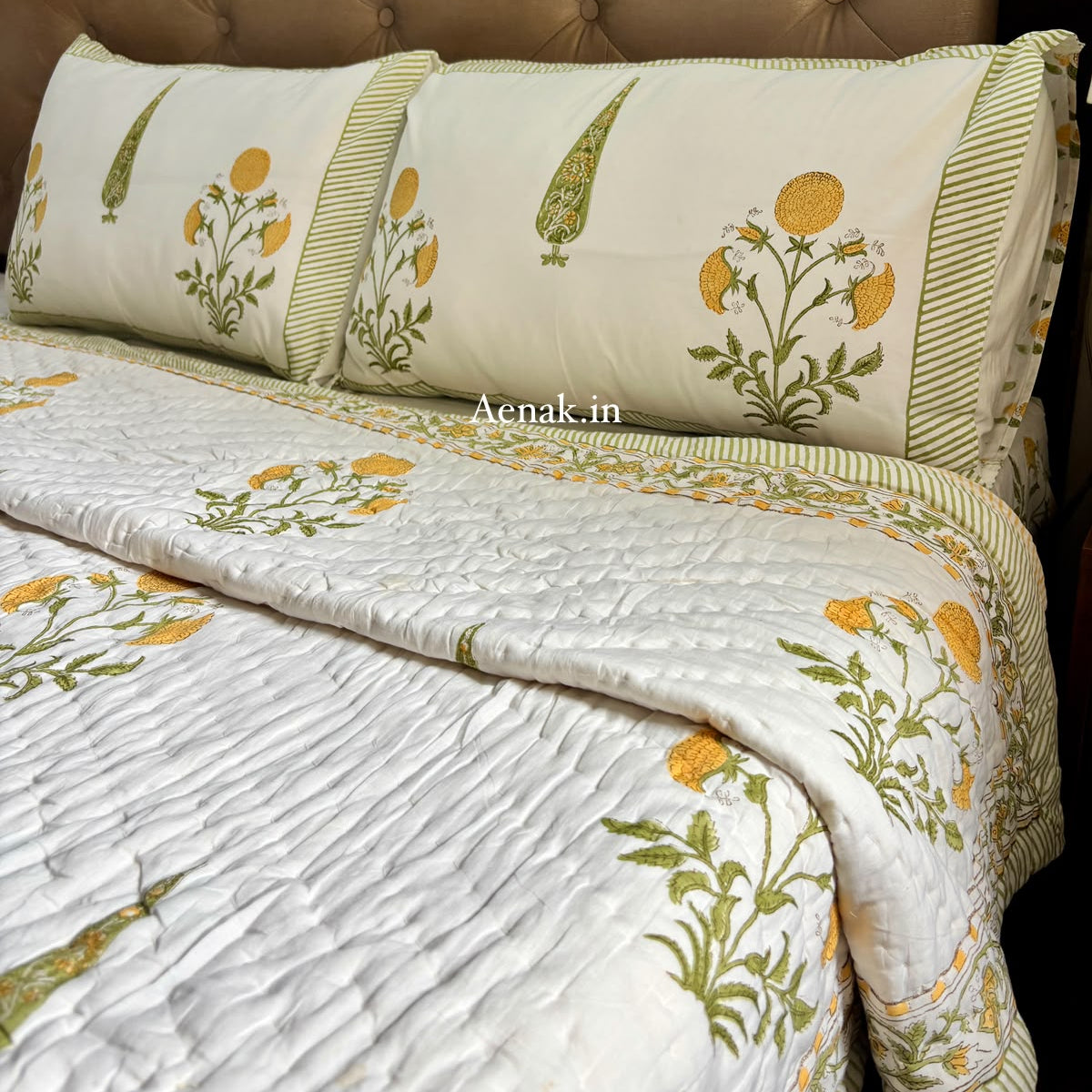 Yellow Dahlia Handblock Bedsheet + Quilt Combo Set