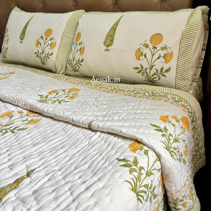 Yellow Dahlia Handblock Bedsheet + Quilt Combo Set
