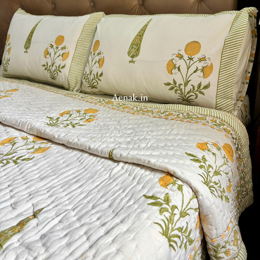 Yellow Dahlia Handblock Bedsheet + Quilt Combo Set
