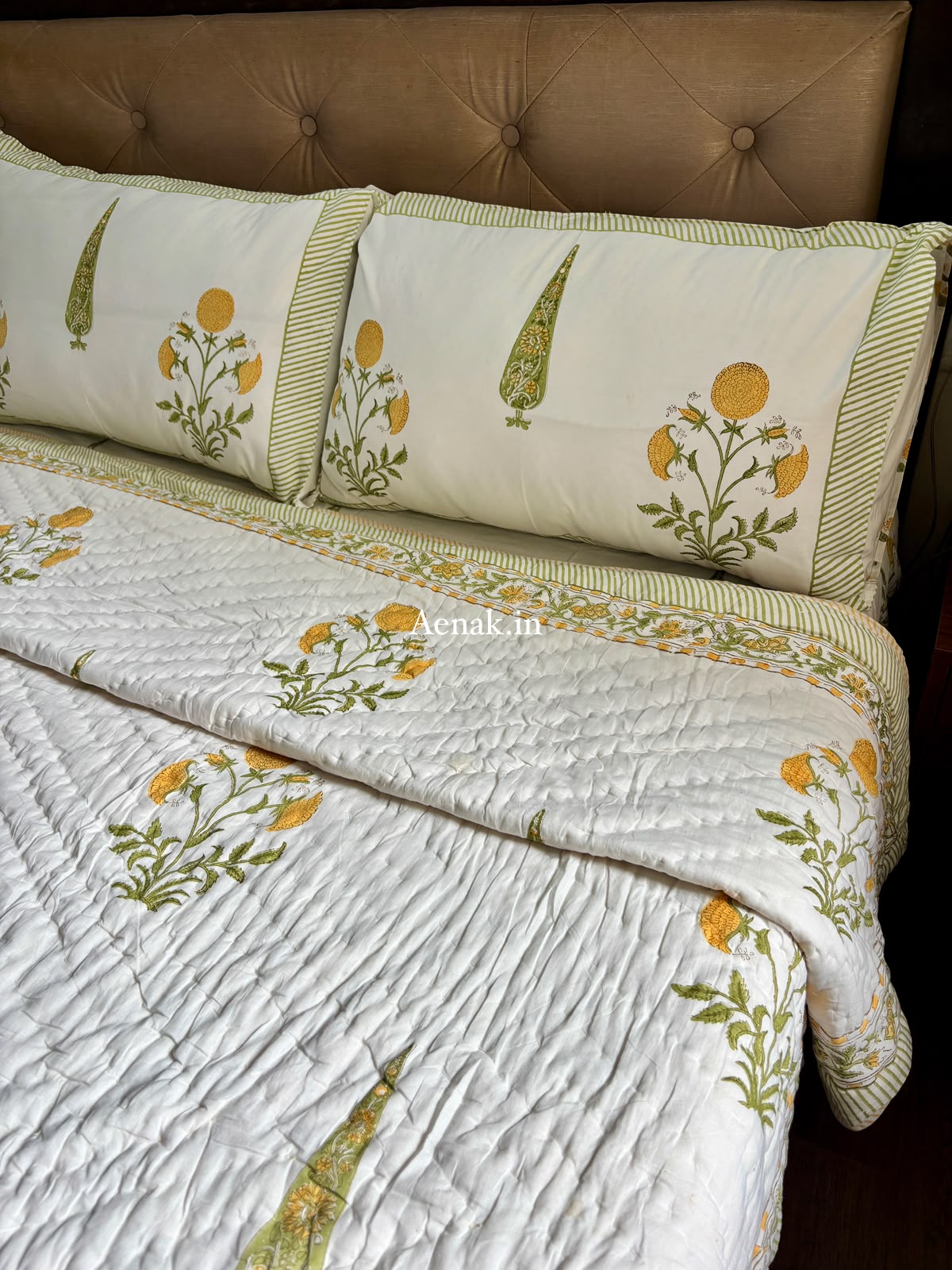 Yellow Dahlia Handblock Bedsheet + Quilt Combo Set