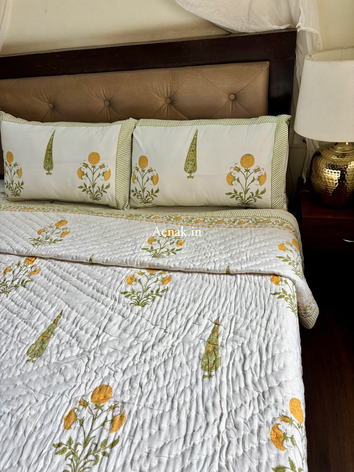 Yellow Dahlia Handblock Bedsheet + Quilt Combo Set