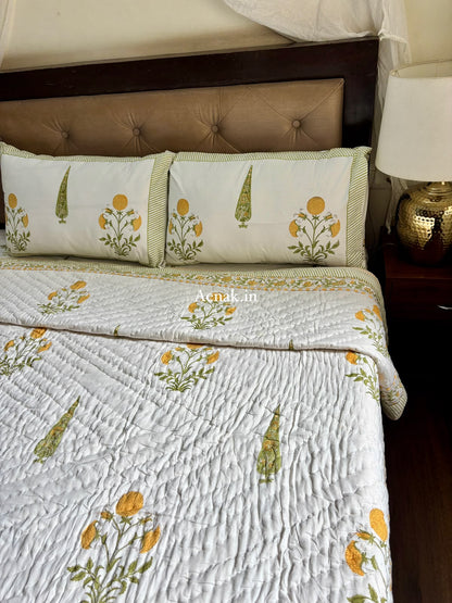 Yellow Dahlia Handblock Bedsheet + Quilt Combo Set