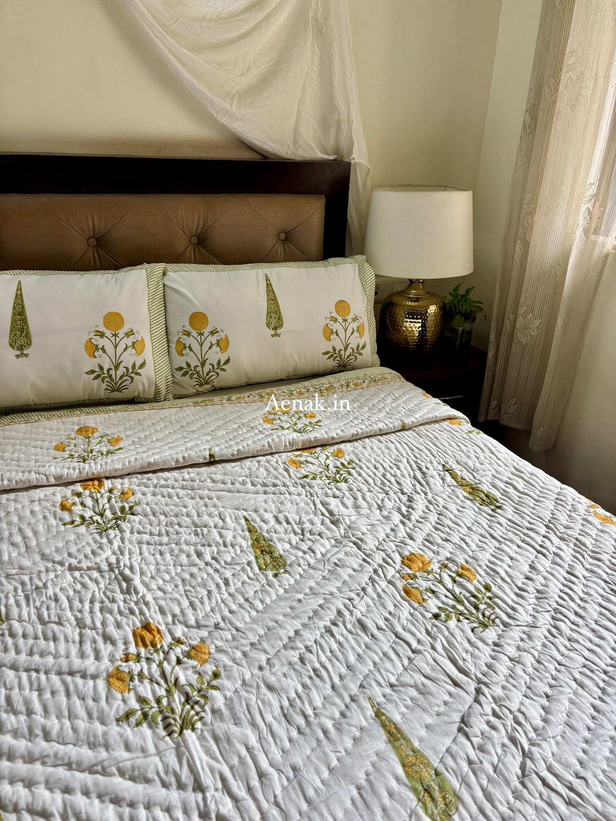 Yellow Dahlia Handblock Bedsheet + Quilt Combo Set