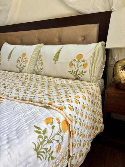 Yellow Dahlia Handblock Bedsheet + Quilt Combo Set