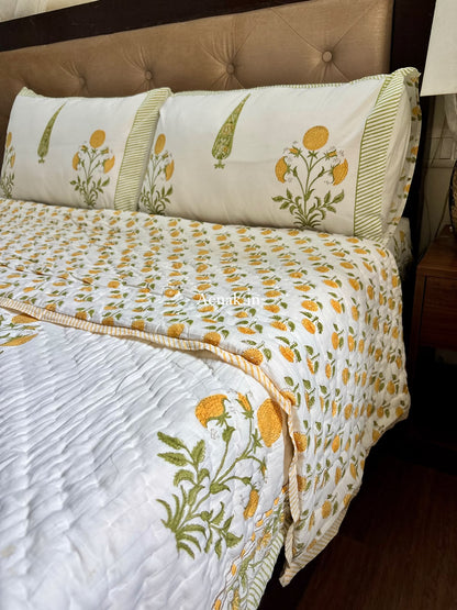 Yellow Dahlia Handblock Bedsheet + Quilt Combo Set