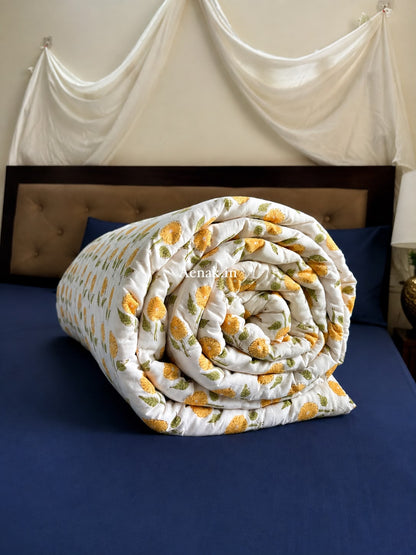 Yellow Dahlia Handblock Reversible Mulmul Cotton Quilt