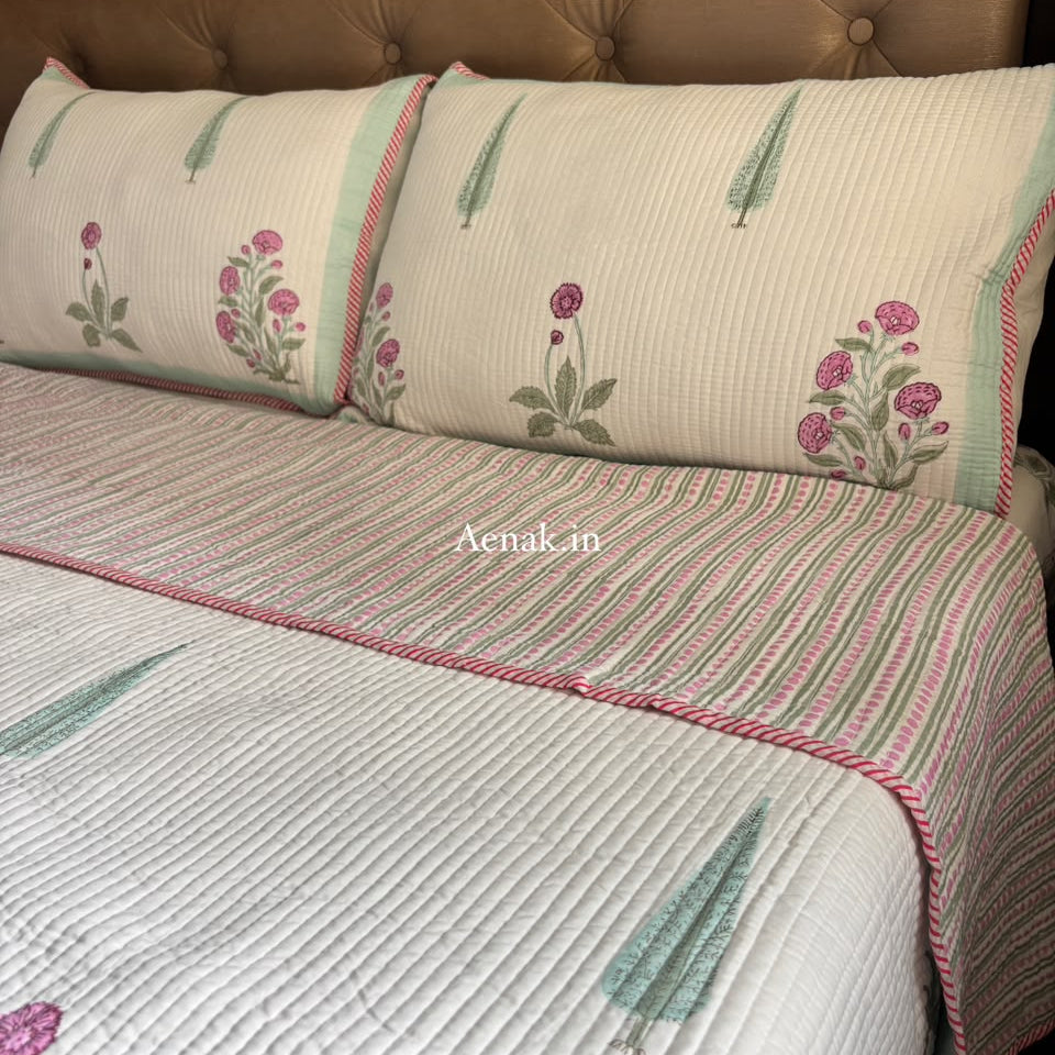 Light Magenta Floral Handblock Bedsheet + Straight Quilted Bedcover Combo Set