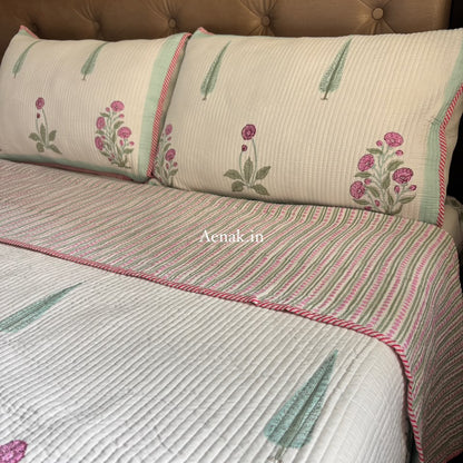 Light Magenta Floral Handblock Bedsheet + Straight Quilted Bedcover Combo Set
