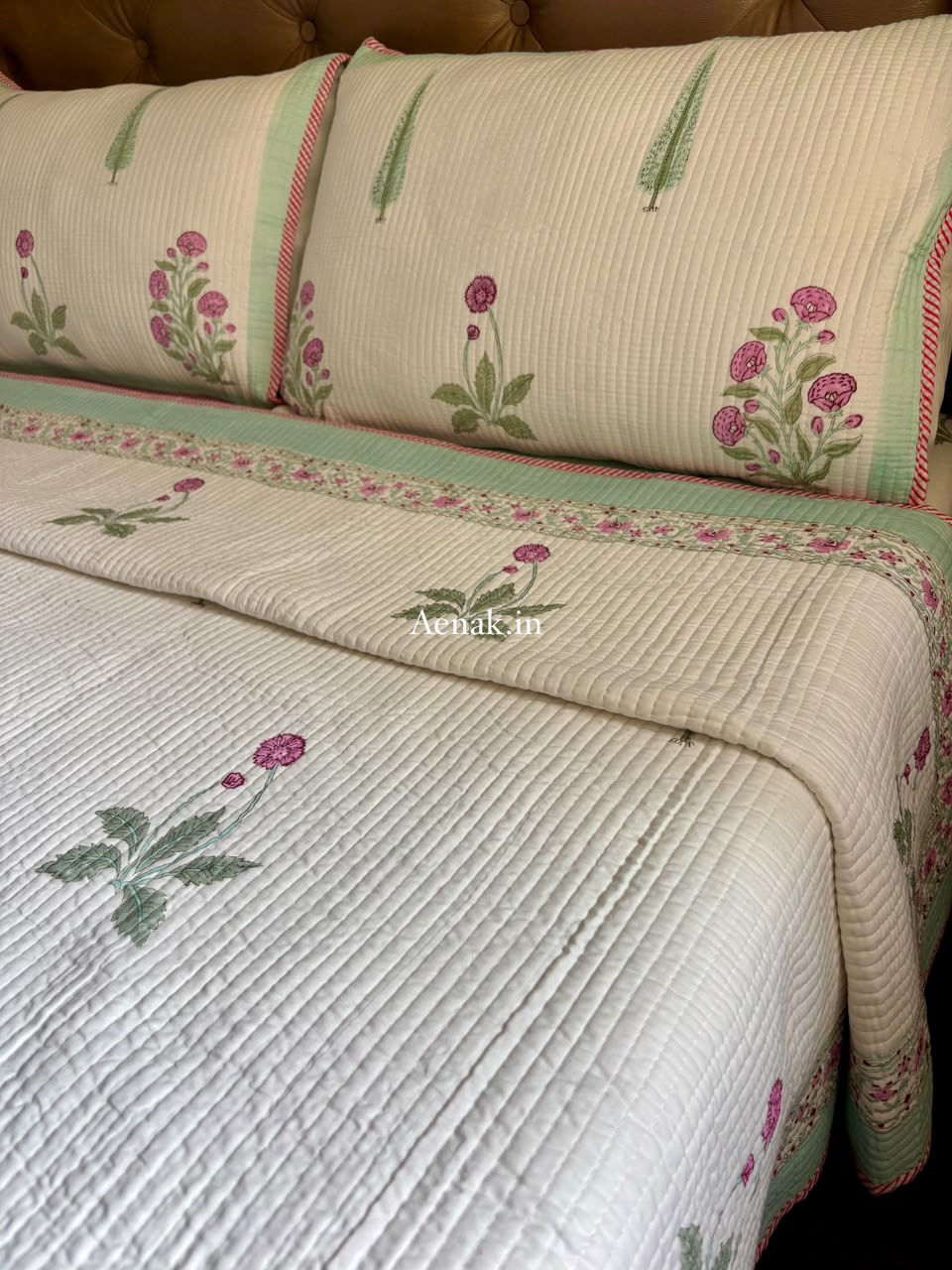Light Magenta Floral Handblock Bedsheet + Straight Quilted Bedcover Combo Set
