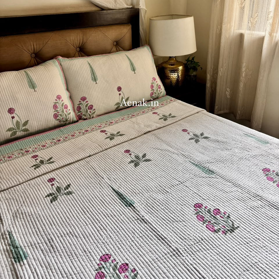 Light Magenta Floral Handblock Bedsheet + Straight Quilted Bedcover Combo Set