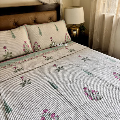 Light Magenta Floral Handblock Bedsheet + Straight Quilted Bedcover Combo Set