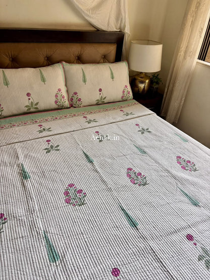 Light Magenta Floral Handblock Bedsheet + Straight Quilted Bedcover Combo Set