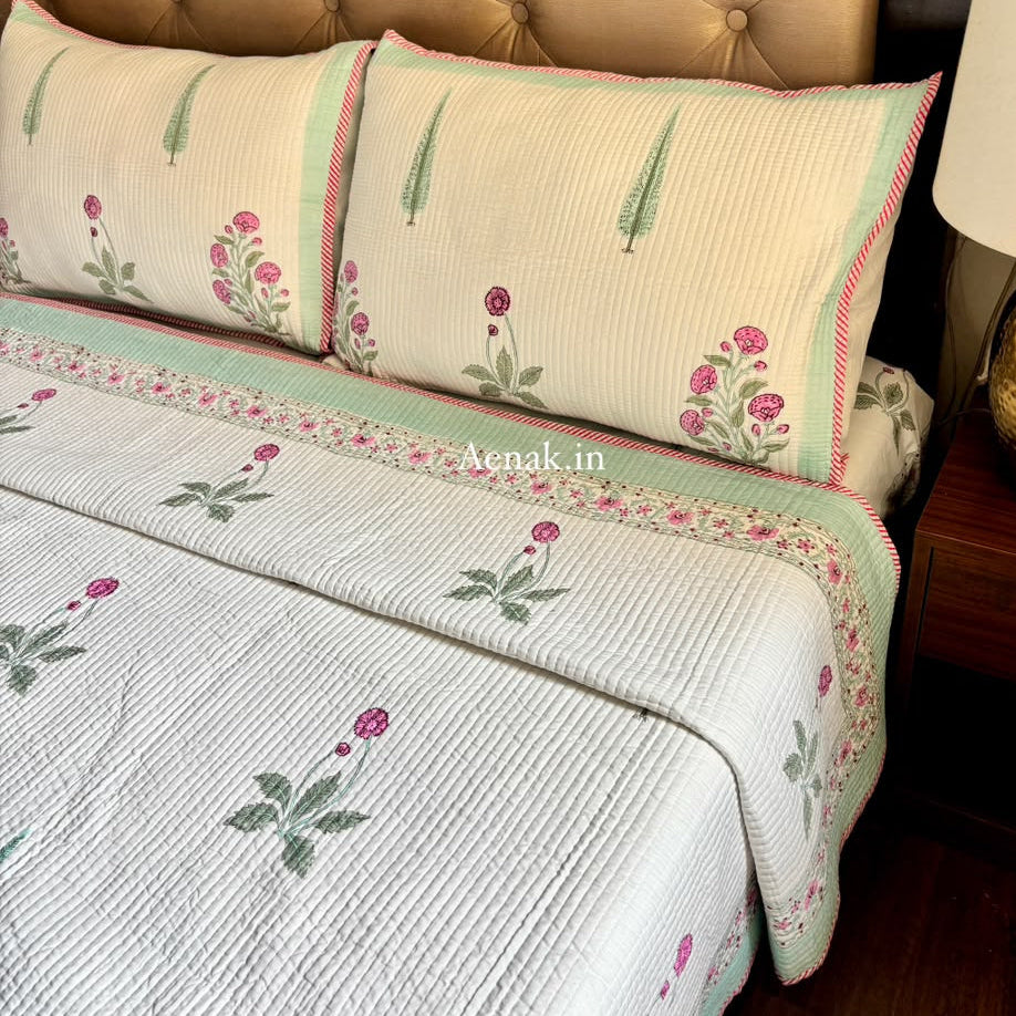 Light Magenta Floral Handblock Bedsheet + Straight Quilted Bedcover Combo Set